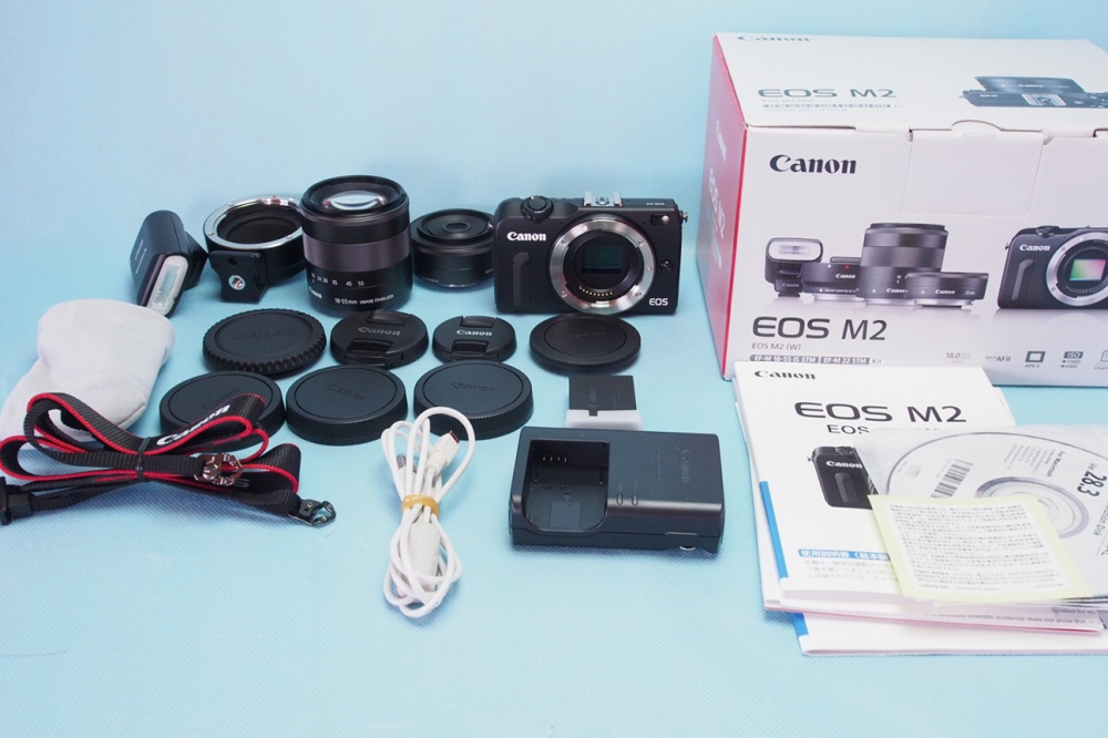 Canon EOS M2 ダブルレンズキット(ブラック) EF-M18-55mm F3.5-5.6 IS STM EF-M22mm F2 STM付属 EOSM2BK-WLK、買取のイメージ