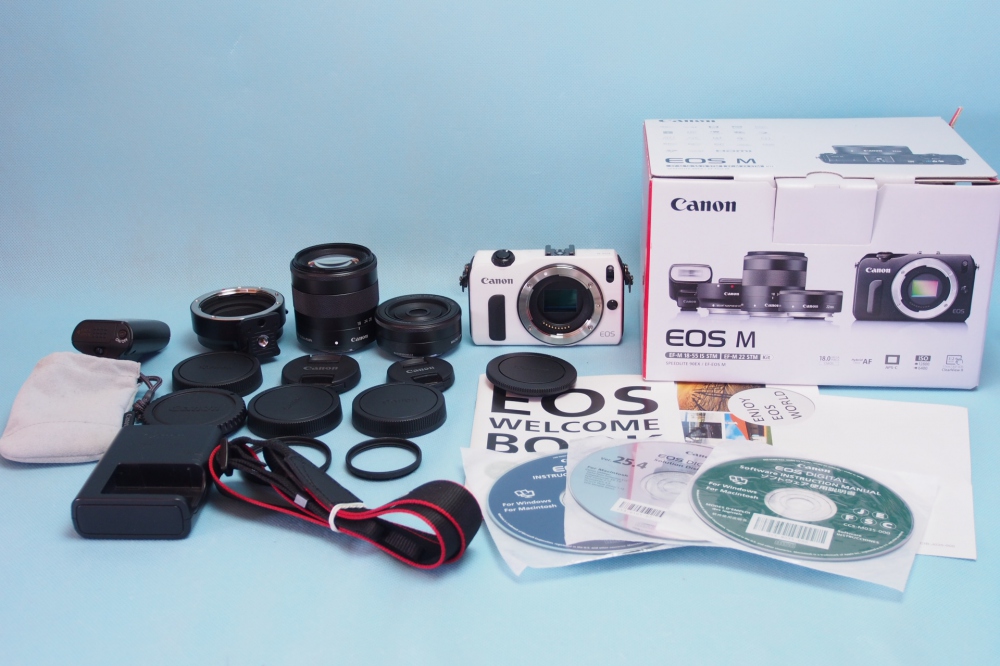 Canon ミラーレス一眼カメラ EOS M ダブルレンズキット EF-M18-55mm F3.5-5.6 IS STM/EF-M22mm F2 STM付属 ホワイト EOSMWH-WLK、買取のイメージ